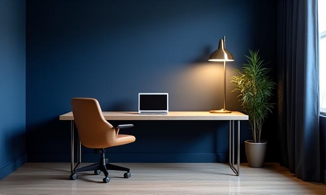 Modern workspace with deep blue walls and ergonomic furniture