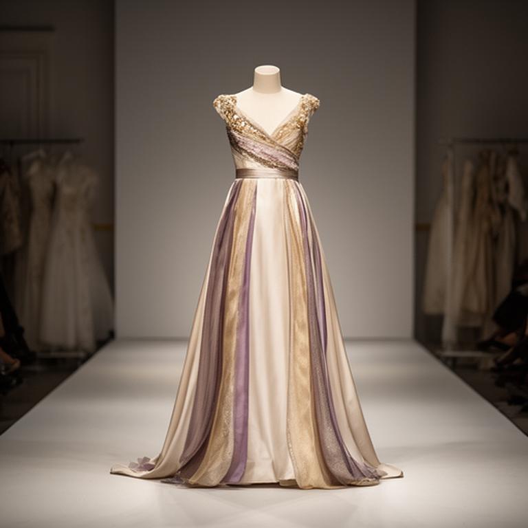 Evening gown on a runway beside soft studio lights and a Surrey atelier backdrop