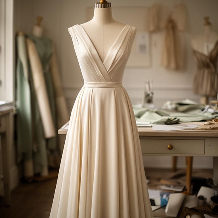 Ivory evening gown on a dress form in a softly lit Surrey workroom