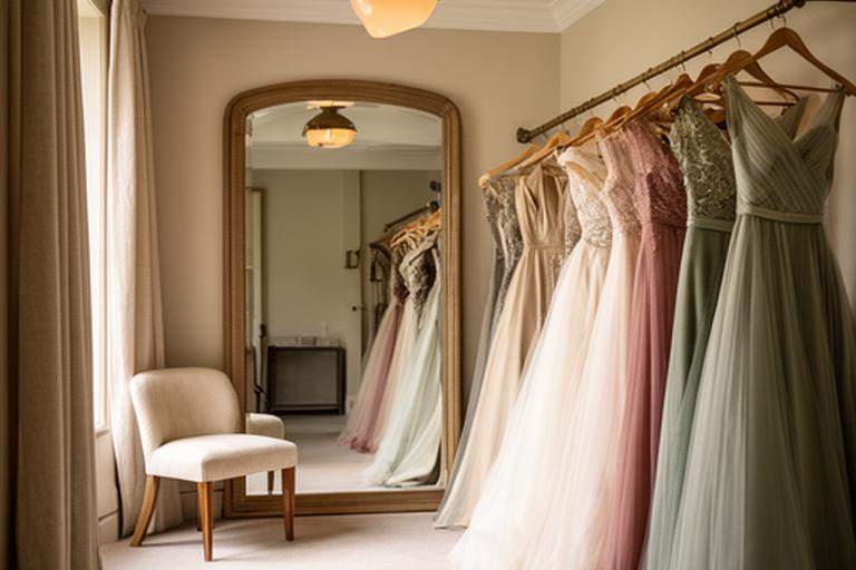 Elegant Surrey atelier dressing room with a gown rail and fitting mirror