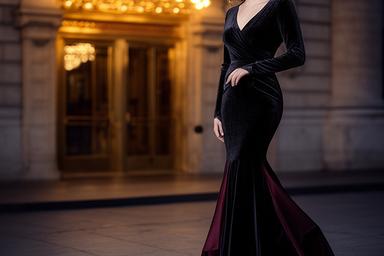 Black velvet mermaid gown beside a lit theatre entrance