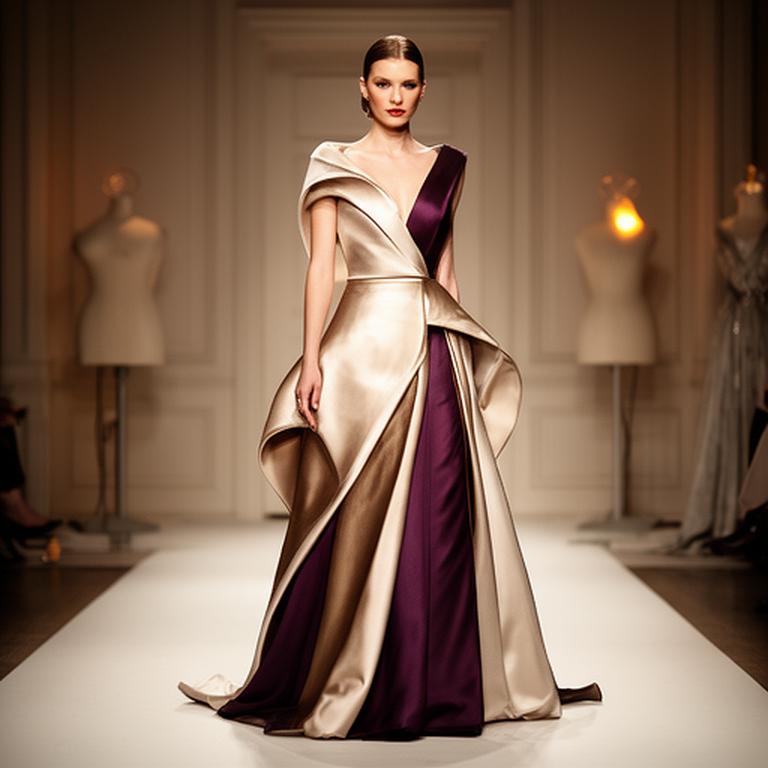 Model wearing a sculpted evening gown beneath warm atelier lights on a Surrey runway