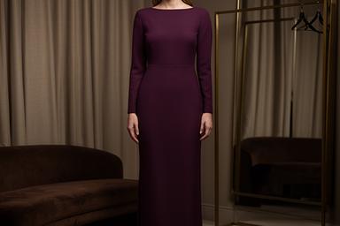 Plum crepe sheath dress in a dark private dressing room