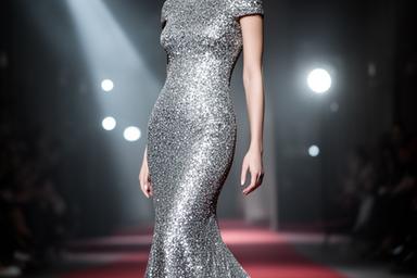 Silver sequin sheath gown under red carpet spotlights