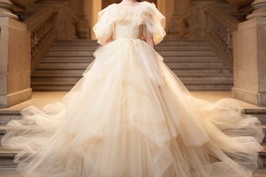 Ivory tulle ballgown on a grand staircase with warm architectural light